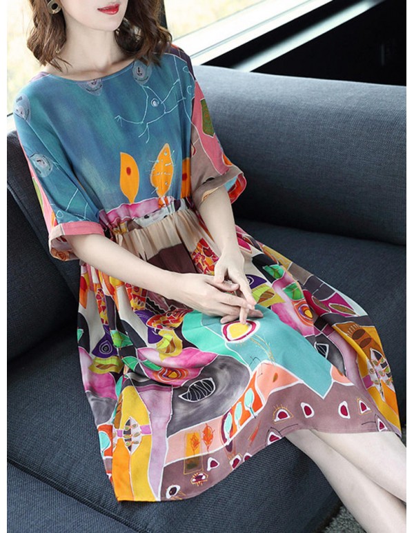 Women Casual Print Short Sleeve O-Neck Dress