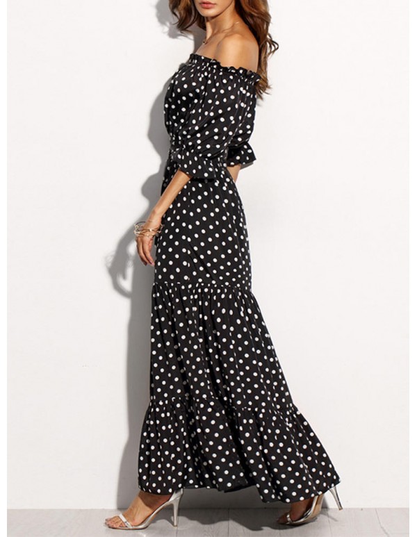 Women Loose Off Shoulder Polka Dot Half Sleeve Dress