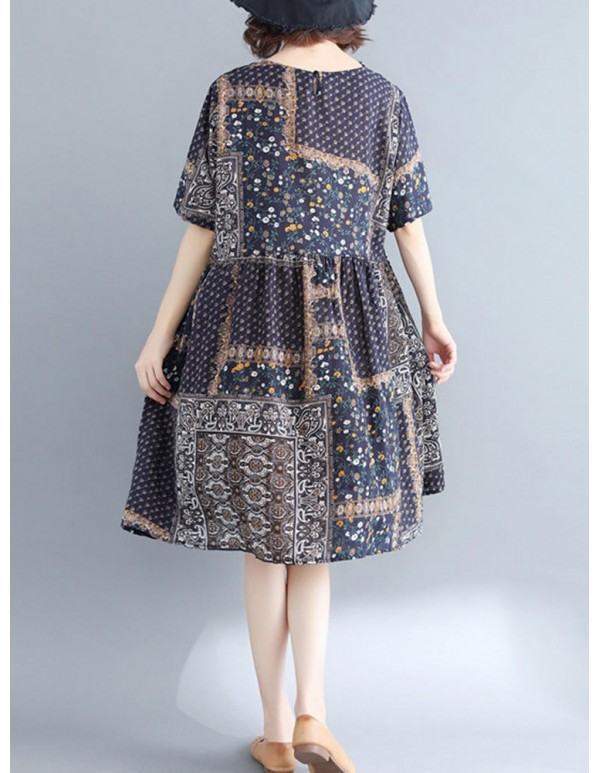 Vintage Women Loose Floral Print O-Neck Short Sleeve Dress