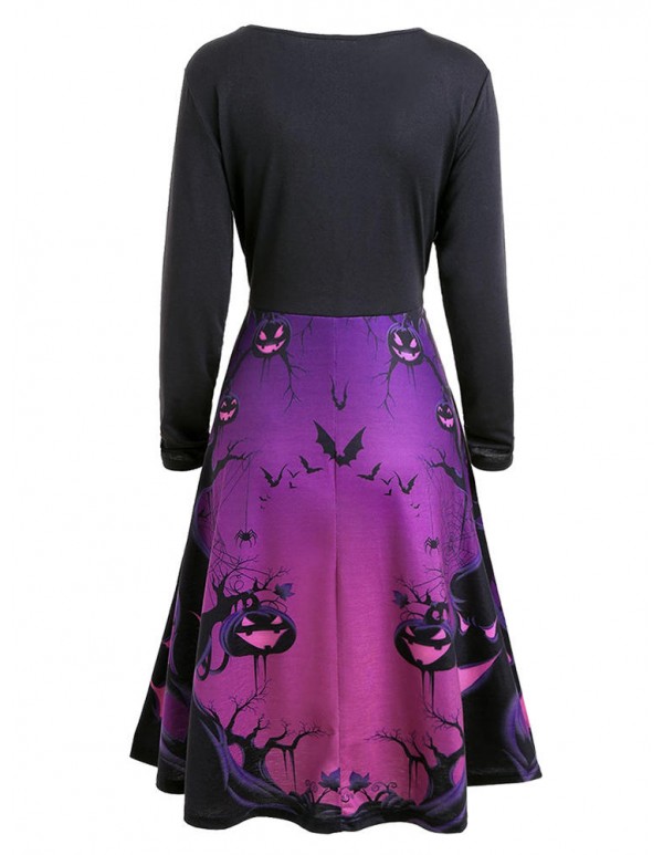 Halloween Pumpkin Horror Print Patchwork Crew Neck Long Sleeve Dress