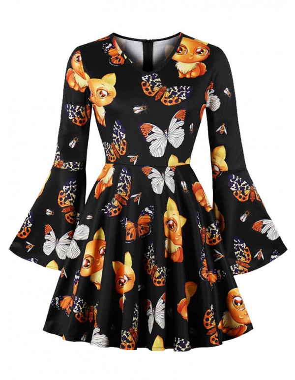 Halloween Women Fox Print Ruffle Sleeve Party Mini Dress